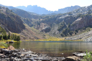 Scenic view of "Bergona Lake" 2021-08-19, #20; lacks fairy shrimp; Bridgeport Ranger District, Humboldt-Toiyabe National Forest, Hoover Wilderness