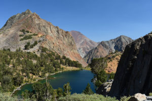 Scenic view of Lower "Par Value Lake" 2021-08-19, #17, with Dunderberg Peak in distance; lacks fairy shrimp; Bridgeport Ranger District, Humboldt-Toiyabe National Forest, Hoover Wilderness