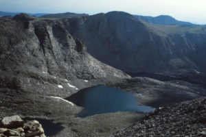 Scenic view of Lower Saddlebag Lake 1985-07, #1108, in upper Atlantic Canyon; lacks fairy shrimp; Lander Ranger District, Shoshone National Forest, Popo Agie Wilderness