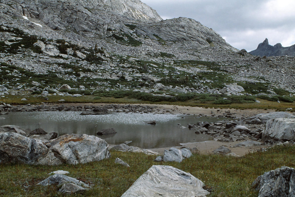 Scenic view of Medina Mountain Pond #16 1989-08-19, #1111; has fairy shrimp; Pinedale Ranger District, Bridger-Teton National Forest, Bridger Wilderness