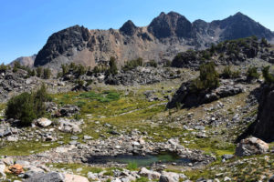 Scenic view of "Par Value" Keyhole Pond 2021-08-19, #16; lacks fairy shrimp; Bridgeport Ranger District, Humboldt-Toiyabe National Forest, Hoover Wilderness