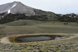 Scenic view of South Sister Dead Cow Pond 2022-06-22, #06, with South Sister Peak; has fairy shrimp; Bridgeport Ranger District, Humboldt-Toiyabe National Forest