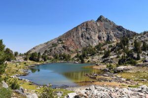 Scenic view of Upper "Par Value Lake" 2021-08-19, #07; lacks fairy shrimp; Bridgeport Ranger District, Humboldt-Toiyabe National Forest, Hoover Wilderness