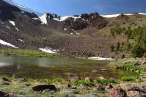 Scenic view of Upper South Fork Pine Creek Pond 2019-07-09, #14, with cliffs; lacks fairy shrimp; Tonopah Ranger District, Humboldt-Toiyabe National Forest, Alta Toquima Wilderness