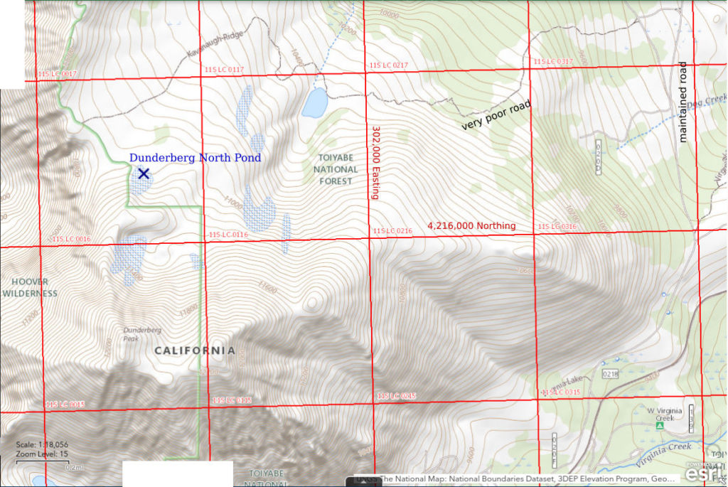 Topographic Map of Dunderberg North Pond; The National Map with contours, roads, perennial/ephemeral water bodies, forest cover, marsh, UTM grid, private land