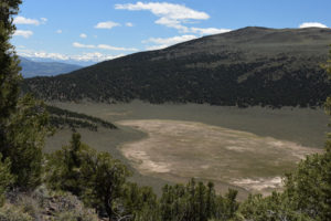 Scenic view of Bald Mountain Big Dry Lake 2018-05-28, #06, with Sierra Nevada in distance; lacks fairy shrimp; Bridgeport Ranger District, Humboldt-Toiyabe National Forest, Wovoka Wilderness