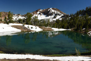 Scenic view of "Emerald Lake" 2020-06-23, #07, with Marys River Peak in background; lacks fairy shrimp; Jarbidge Ranger District, Humboldt-Toiyabe National Forest, Jarbidge Wilderness