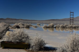 Scenic view of Garfield Flat Stock Tank Pond 2022-02-17, #05, with Garfield Hills in distance and ice; lacks fairy shrimp; private