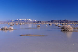 Scenic view of Jungo Flat Playa Lake 1998-04-23, #1522, with Blue Hills and Santa Rosa Mountains in distance; has ice and fairy shrimp; Humboldt River BLM Office