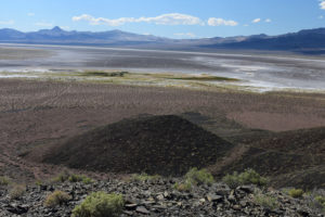 Scenic view of Rawhide Hot Spring Playa Lake 2021-05-25, #09, with Pilot Cone in distance; dry; Stillwater BLM Office