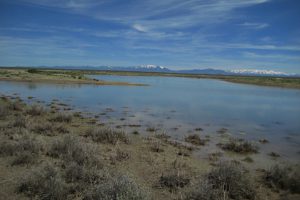 Scenic view of "Silver Lake" 2017-05-23, #09, with Bull Run and Independence Mountains in distance; lacks fairy shrimp; Tuscarora BLM Office