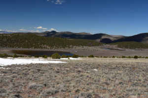 Scenic view of Small Rare Plant Habitat Pond 2019-04-24 #10, with Large Rare Plant Habitat Pond, has fairy shrimp; Bridgeport Ranger District, Humboldt-Toiyabe National Forest, Wovoka Wilderness