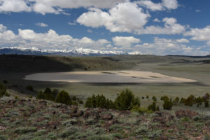 Scenic view of "The Dry Lake" 2019-05-09, #53, with Warner Mountains in distance; has fairy shrimp; Surprise BLM Office