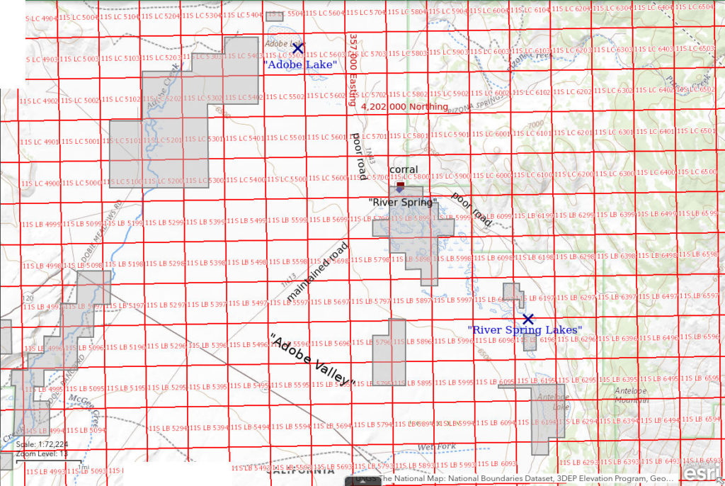 Topographic Map of "Adobe Lake" and "River Spring Lakes"; The National Map with contours, roads, perennial/ephemeral water bodies, forest cover, marsh, UTM grid, private land