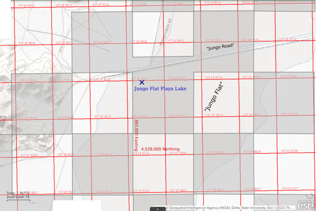 Topographic Map of Jungo Flat Playa Lake; The National Map with contours, roads, perennial/ephemeral water bodies, forest cover, marsh, UTM grid, private land