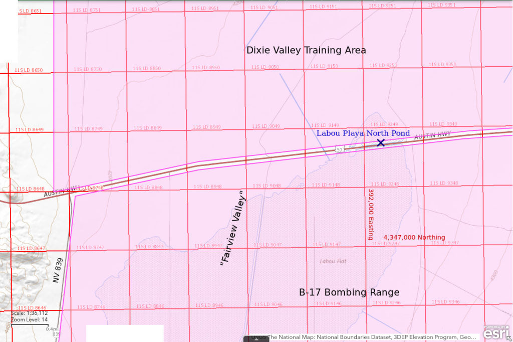 Topographic Map of Labou Playa North Pond; The National Map with contours, roads, perennial/ephemeral water bodies, forest cover, marsh, UTM grid, private land