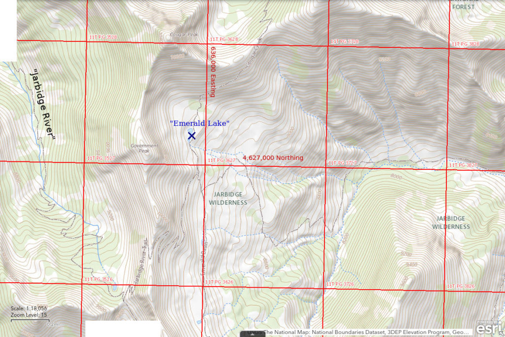 Topographic Map of "Emerald Lake"; The National Map with contours, roads, perennial/ephemeral water bodies, forest cover, marsh, UTM grid, private land