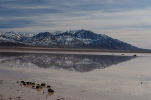 Scenic view of Luning Playa Lake 2022-01-14, #01, with Pilot Mountains in distance; lacks fairy shrimp; Stillwater BLM Office