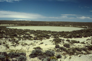 Scenic view of North "Scotty Lake" East Pond 1993-06-12, #0510, with Wind River Mountains in distance; has fairy shrimp; Lander BLM Office, State of Wyoming