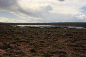 Scenic view of Off South Fork Sulphur Creek Pond 1995-06-25, #0119, with Wind River Mountains in distance; has fairy shrimp; Lander BLM Office