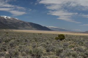 Scenic view of south end of Ruby Valley near Ruby Pony Express Station Pond 2018-05-07, #01, with Ruby Mountains and East Humboldt Range; "Ruby Lake" National Wildlife Refuge