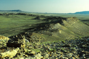 Scenic view of Separation Rim "Soda Lake" 1993-06-13, #0519, with Muddy Gap in the distance; has fairy shrimp; Rawlins BLM Office