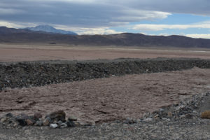 Scenic view of Teels South Well Site Pond 2021-04-07, #03, with Boundary Peak on horizon; dry; Stillwater BLM Office