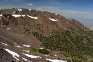 Scenic view of Upper South Fork Pine Creek Pond 2019-07-09, #09, with Mt. Jefferson on skyline; lacks fairy shrimp; Tonopah Ranger District, Humboldt-Toiyabe National Forest, Alta Toquima Wilderness