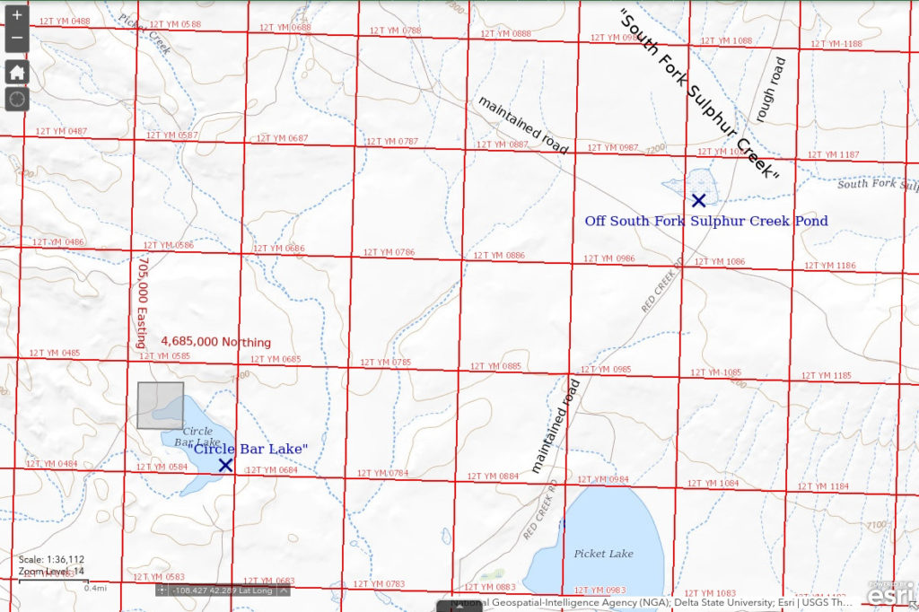 Topographic Map of "Circle Bar Lake" and Off South Fork Sulphur Creek; The National Map with contours, roads, perennial/ephemeral water bodies, forest cover, marsh, UTM grid, private land