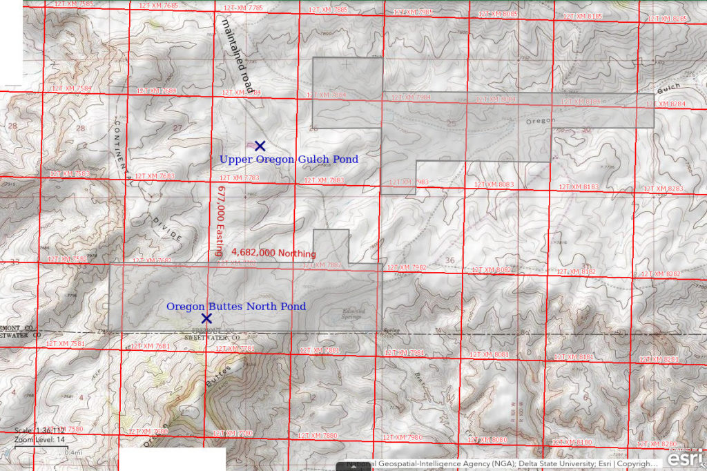 Topographic Map of Oregon Buttes North Pond and Upper Oregon Gulch Pond; The National Map with contours, roads, perennial/ephemeral water bodies, forest cover, marsh, UTM grid, private land