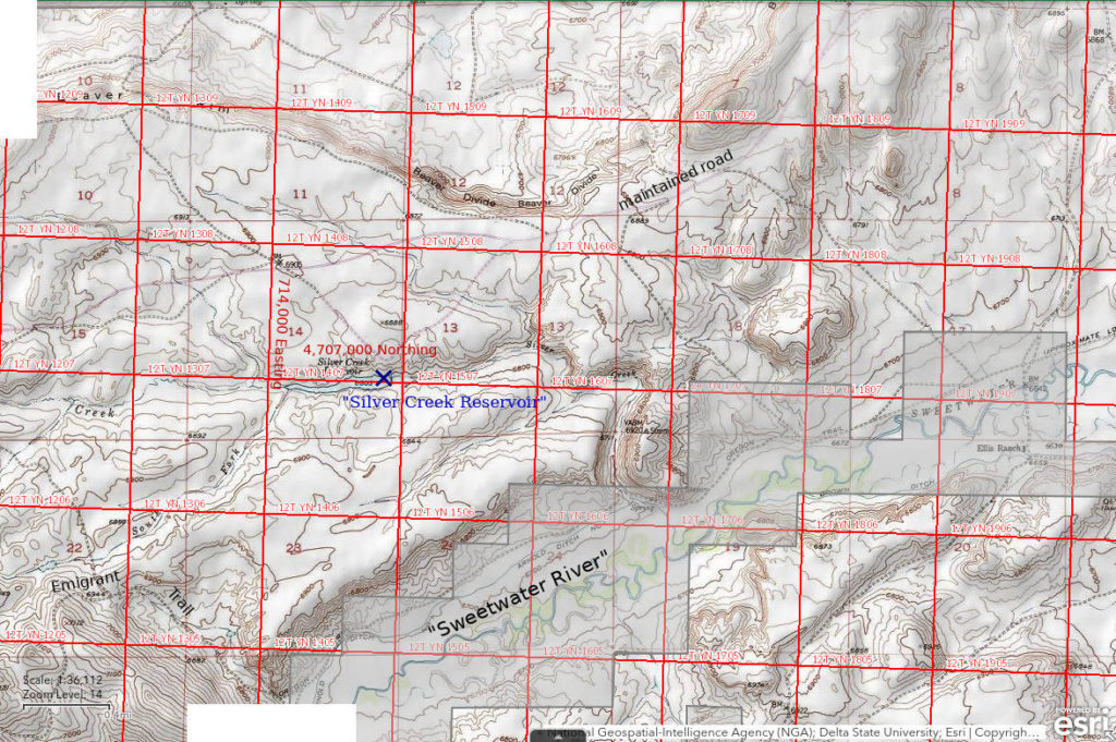 Topographic Map of "Silver Creek Reservoir"; The National Map with contours, roads, perennial/ephemeral water bodies, forest cover, marsh, UTM grid, private land