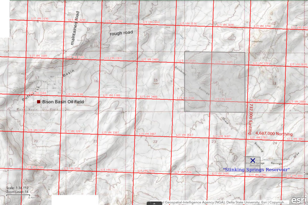 Topographic Map of "Stinking Springs Reservoir"; The National Map with contours, roads, perennial/ephemeral water bodies, forest cover, marsh, UTM grid, private land