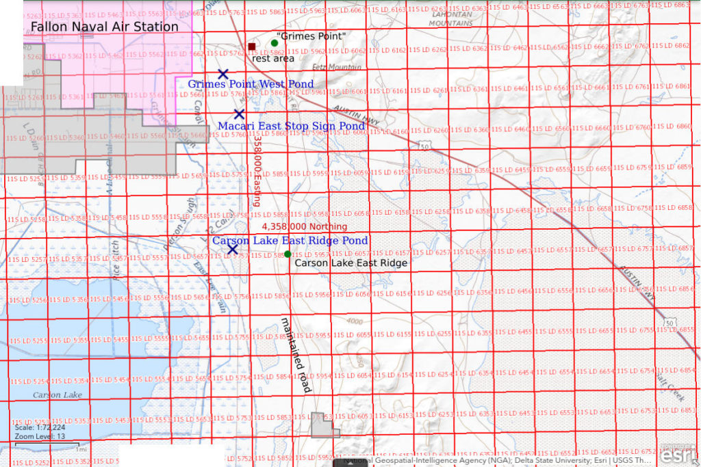 Topographic Map of Grimes Point West Pond and nearby ponds; The National Map with contours, roads, perennial/ephemeral water bodies, forest cover, marsh, UTM grid, private land