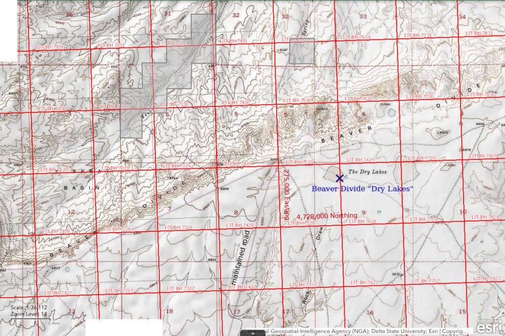 Topographic Map of Beaver Divide "Dry Lakes"; The National Map with contours, roads, perennial/ephemeral water bodies, forest cover, marsh, UTM grid, private land