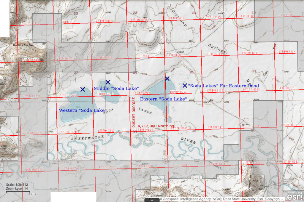 Topographic Map of Eastern "Soda Lake" and Nearby Ponds; The National Map with contours, roads, perennial/ephemeral water bodies, forest cover, marsh, UTM grid, private land