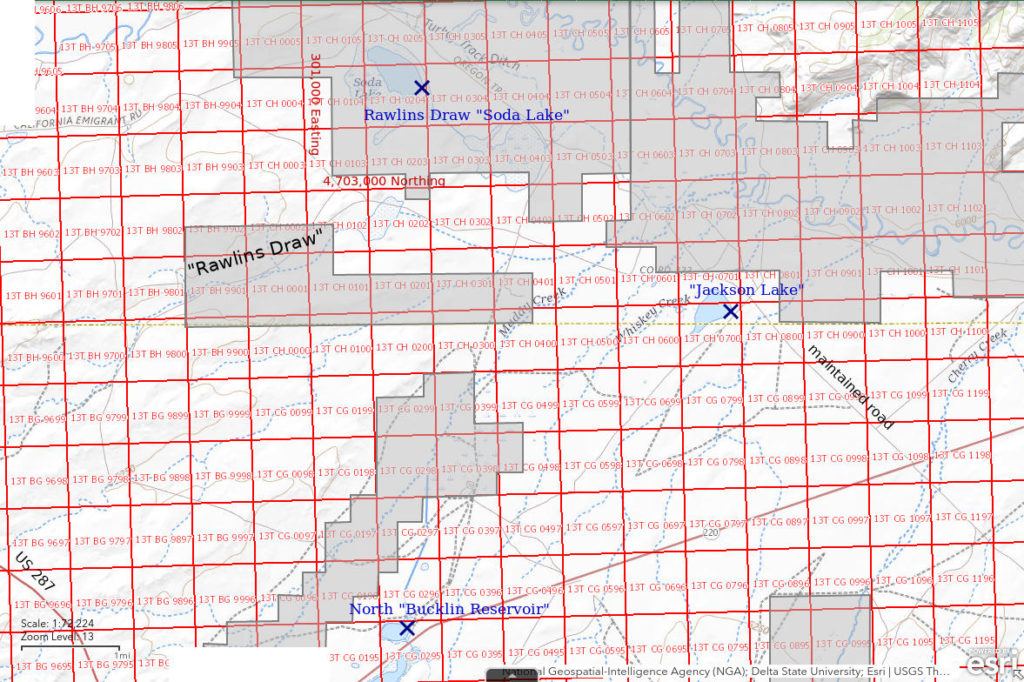 Topographic Map of Rawlins Draw "Soda Lake" and Nearby Ponds; The National Map with contours, roads, perennial/ephemeral water bodies, forest cover, marsh, UTM grid, private land