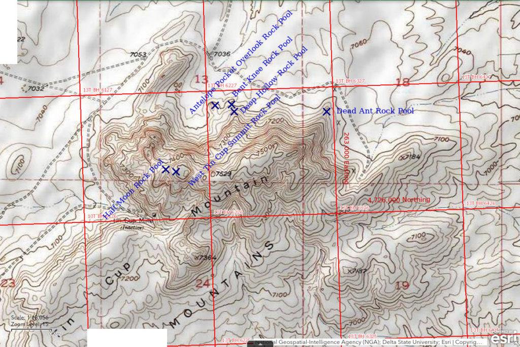 Topographic Map of West Tin Cup Summit Rock Pool and Nearby Ponds; The National Map with contours, roads, perennial/ephemeral water bodies, forest cover, marsh, UTM grid, private land