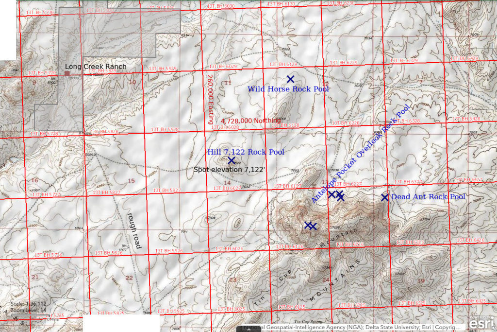 Topographic Map of Wild Horse Rock Pool and Hill 7122 Rock Pool; The National Map with contours, roads, perennial/ephemeral water bodies, forest cover, marsh, UTM grid, private land