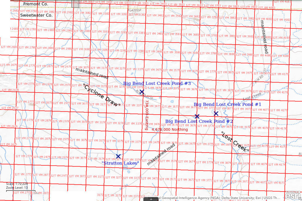 Topographic Map of Big Bend Lost Creek Pond #1 and Nearby Ponds; The National Map with contours, roads, perennial/ephemeral water bodies, forest cover, marsh, UTM grid, private land