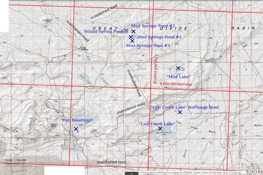 Topographic Map of "Lost Creek Lake" and Nearby Ponds; The National Map with contours, roads, perennial/ephemeral water bodies, forest cover, marsh, UTM grid, private land