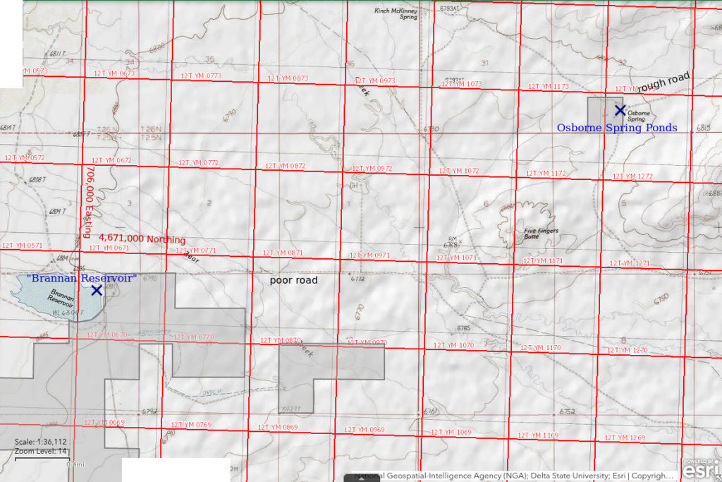 Topographic Map of Osborne Spring Ponds and "Brannan Reservoir"; The National Map with contours, roads, perennial/ephemeral water bodies, forest cover, marsh, UTM grid, private land