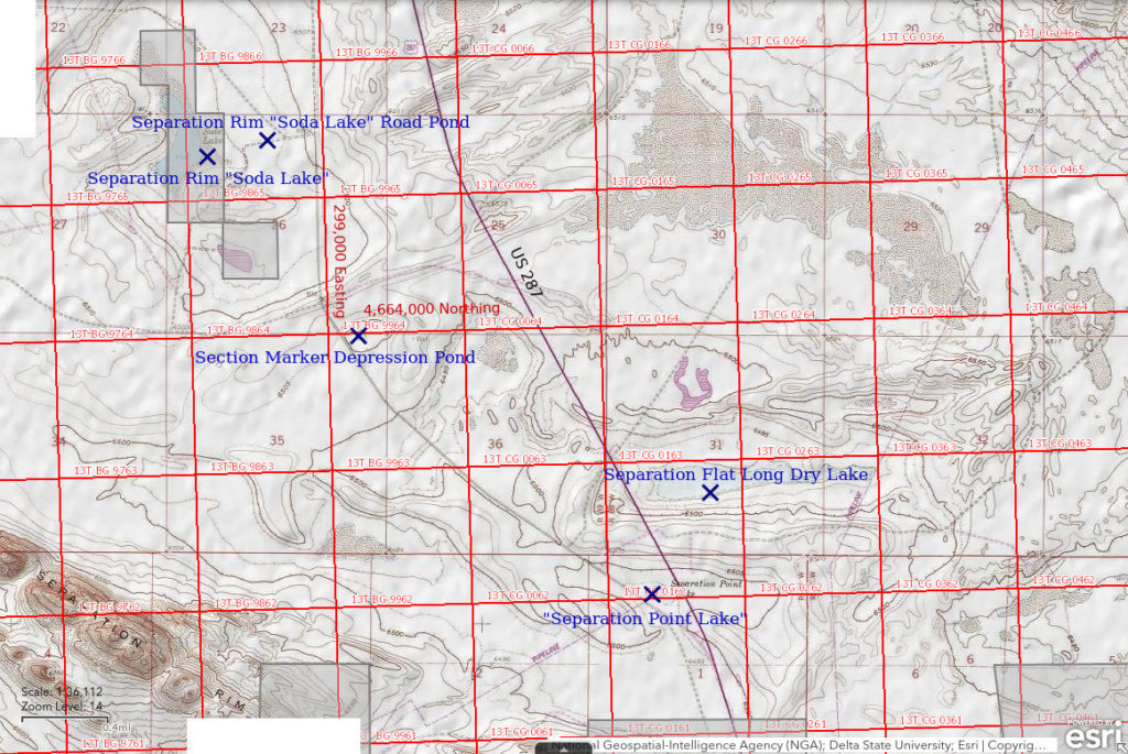 Topographic Map of Separation Rim "Soda Lake" and Nearby Ponds; The National Map with contours, roads, perennial/ephemeral water bodies, forest cover, marsh, UTM grid, private land