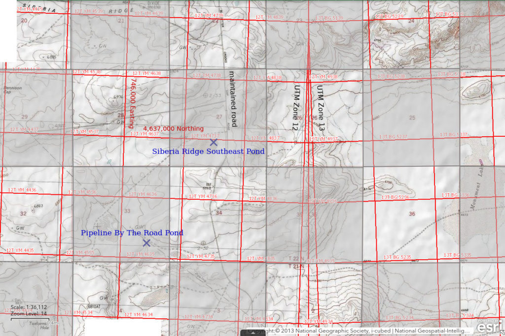 Topographic Map of Siberia Ridge Southeast Pond and Pipeline By The Road Pond; The National Map with contours, roads, perennial/ephemeral water bodies, forest cover, marsh, UTM grid, private land