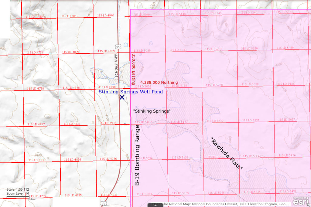 Topographic Map of Stinking Springs Well Pond; The National Map with contours, roads, perennial/ephemeral water bodies, forest cover, marsh, UTM grid, private land