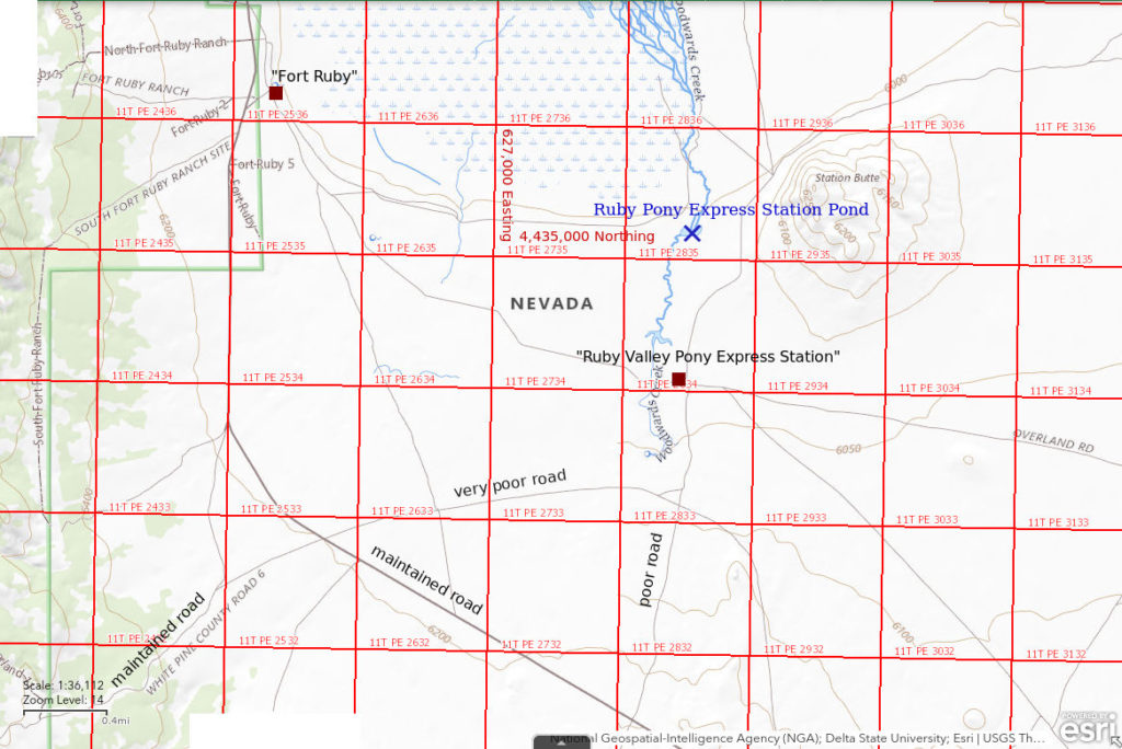 Topographic Map of Ruby Pony Express Station Pond; The National Map with contours, roads, perennial/ephemeral water bodies, forest cover, marsh, UTM grid, private land