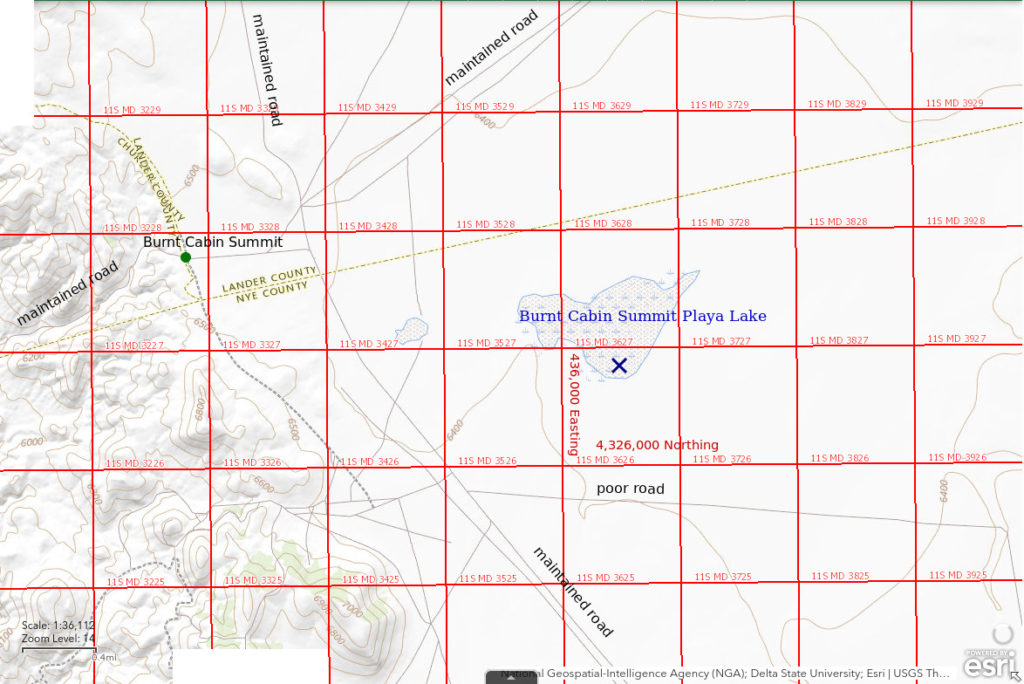 Topographic Map of Burnt Cabin Summit Playa Lake; The National Map with contours, roads, perennial/ephemeral water bodies, forest cover, marsh, UTM grid, private land