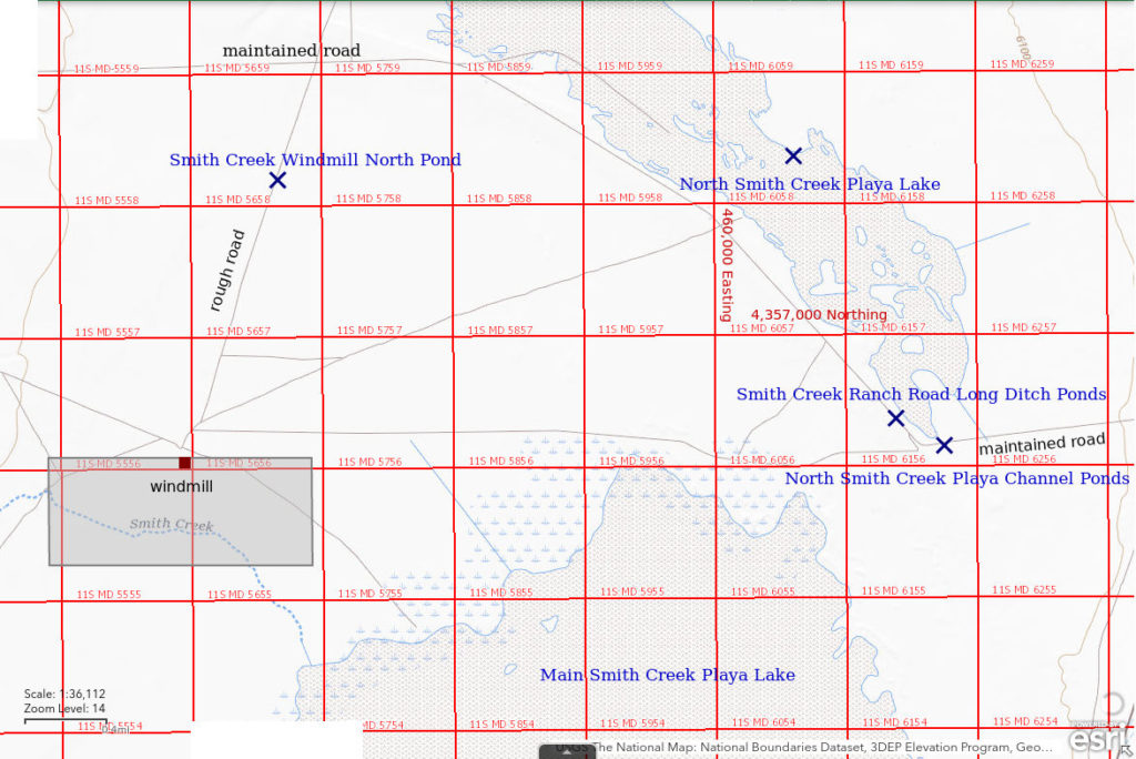 Topographic Map of North Smith Creek Playa Channel Ponds and nearby ponds; The National Map with contours, roads, perennial/ephemeral water bodies, forest cover, marsh, UTM grid, private land