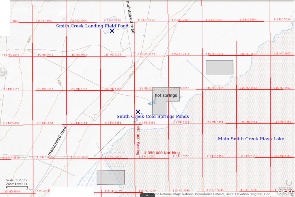 Topographic Map of Smith Creek Cold Springs Ponds and Smith Creek Landing Field Pond; The National Map with contours, roads, perennial/ephemeral water bodies, forest cover, marsh, UTM grid, private land