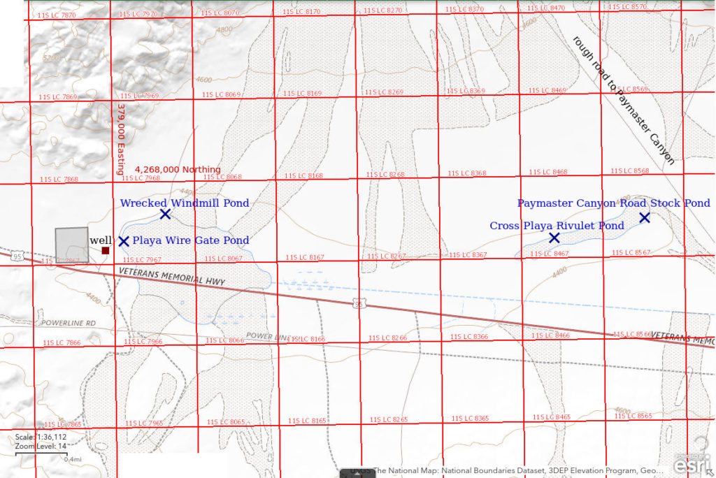 Topographic Map of Wrecked Windmill Pond and nearby ponds; The National Map with contours, roads, perennial/ephemeral water bodies, forest cover, marsh, UTM grid, private land