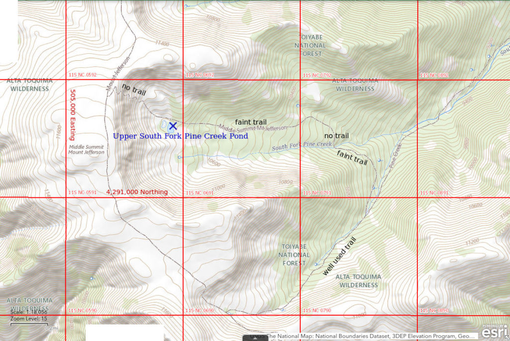 Topographic Map of Upper South Fork Pine Creek Pond; The National Map with contours, roads, perennial/ephemeral water bodies, forest cover, marsh, UTM grid, private land